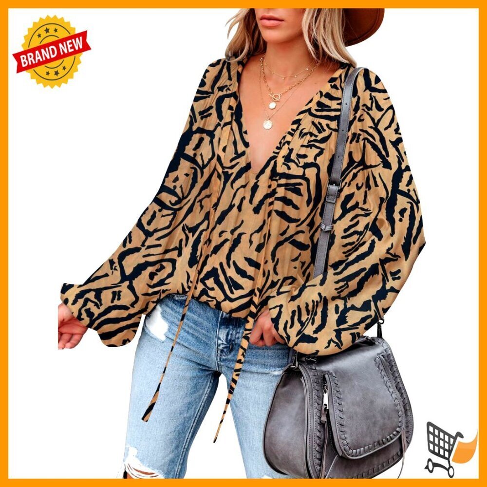 Deep V Neck Lantern Sleeve Chiffon Blouse Oversized Tunic Drawstring Elegant